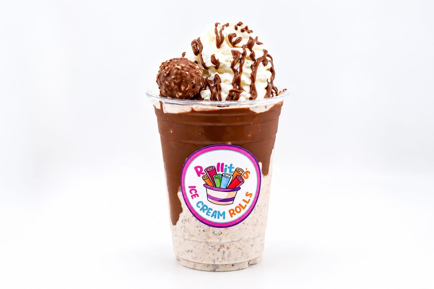 Chocolate hazelnut milkshake with whipped cream, chocolate drizzle, and a Ferrero Rocher